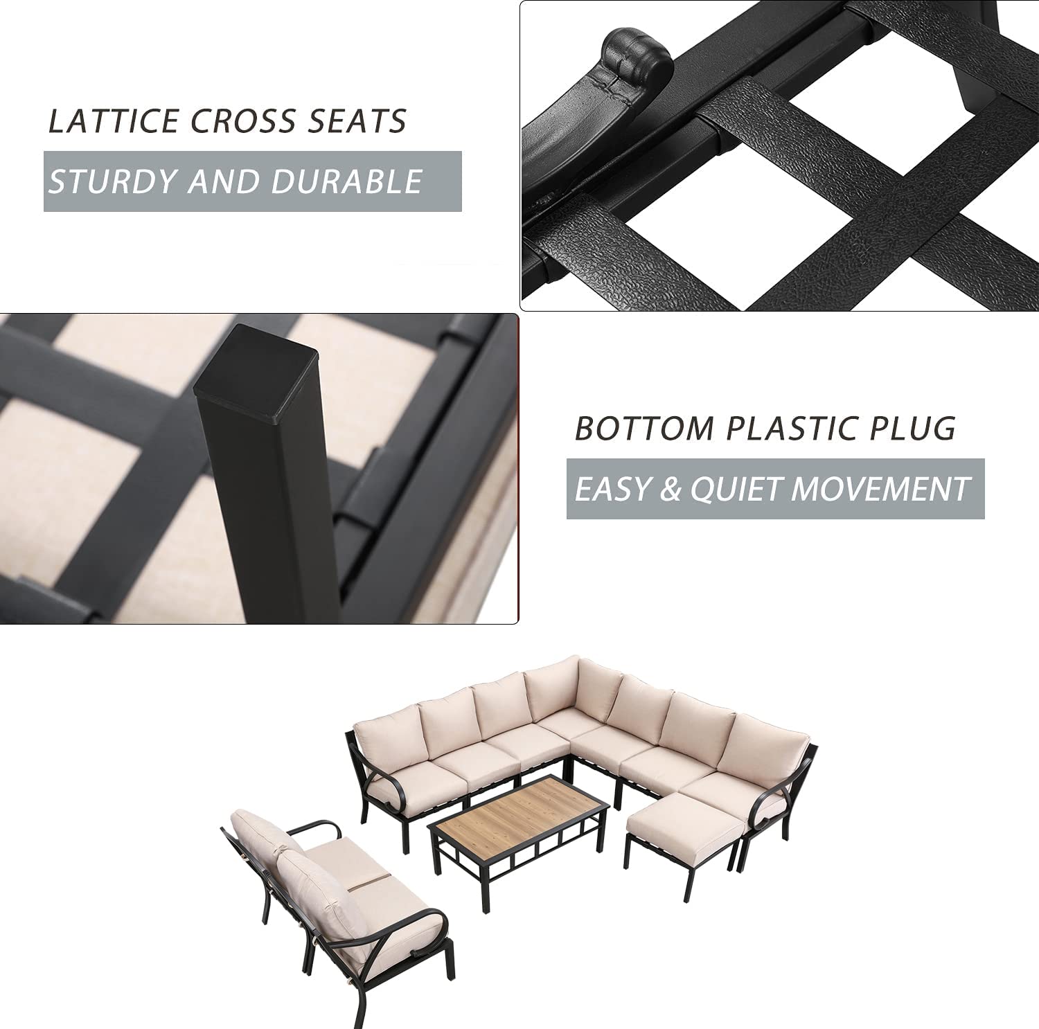 Festival Depot 11 Pieces Patio Conversation Set Sectional Sofa Corner Armchair Ottoman with Thick Cushions and Coffee Table All Weather Metal Outdoor Furniture for Deck Garden, Beige