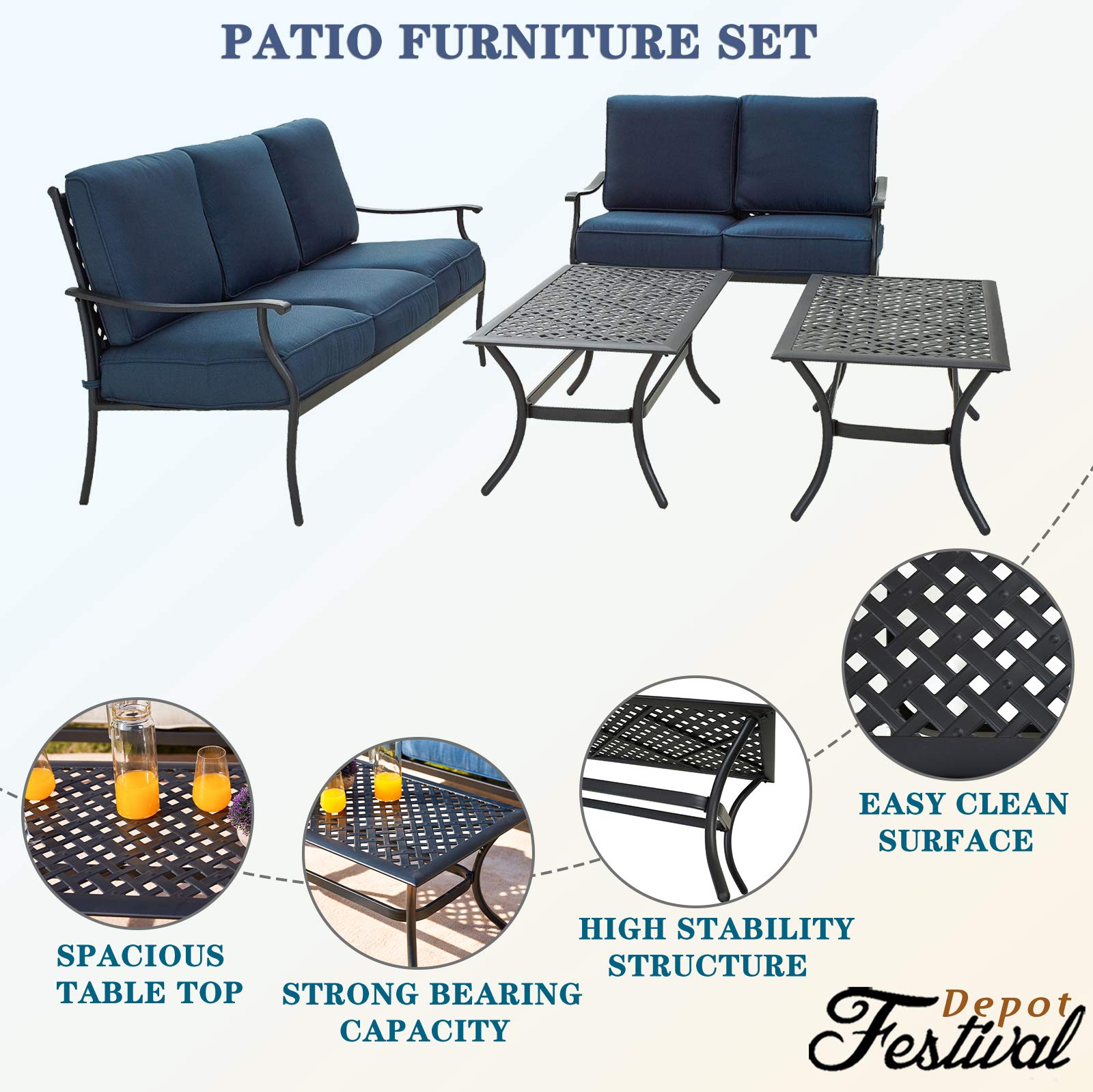 Festival Depot 4Pcs Outdoor Furniture Patio Conversation Set All Weather Black Metal Armchair Loveseat with Seat and Back Cushions, 3-Seating Chair, Rectangle Coffee Tables for Deck Lawn Garden