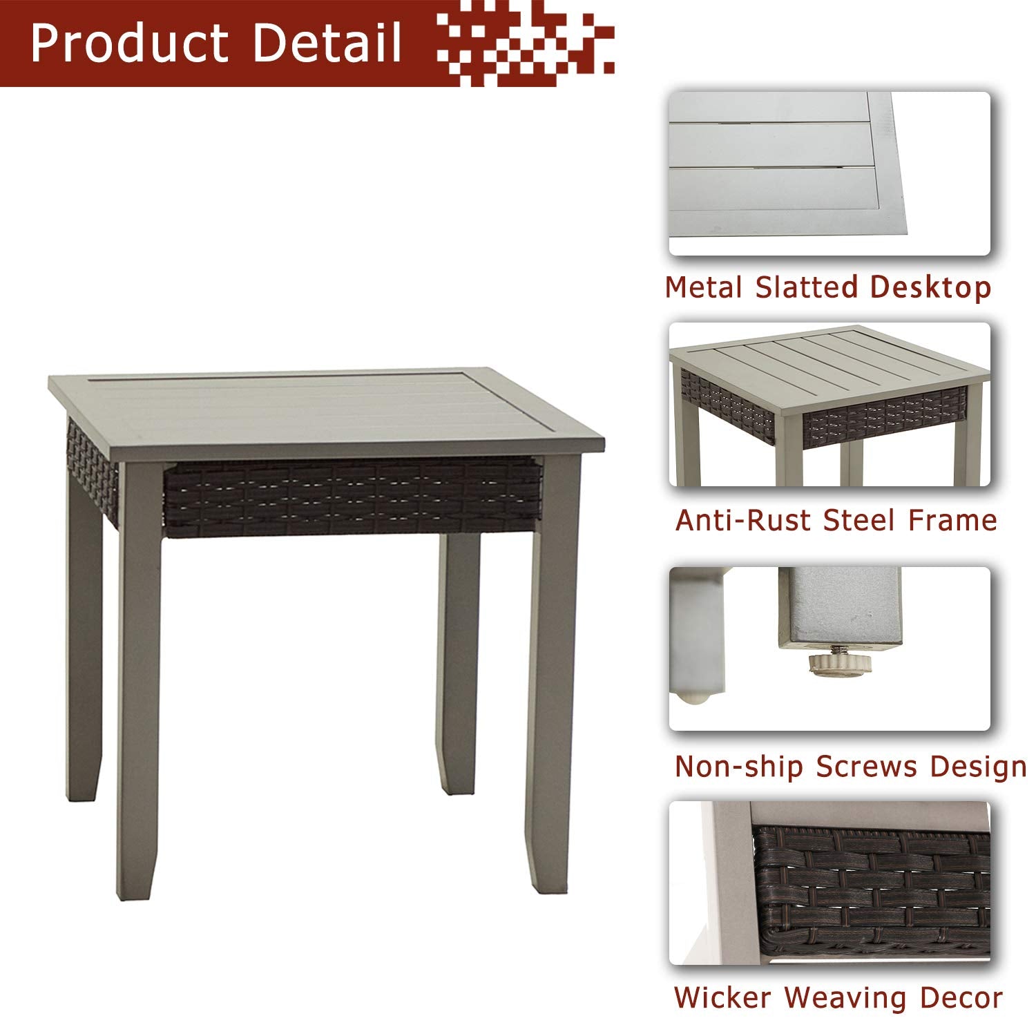 Festival Depot Patio Side Table Square Bistro Table in Metal Frame with Rattan Wicker Outdoor Furniture for Porch Deck Grey (22.5"x22.5"x21.9"H)