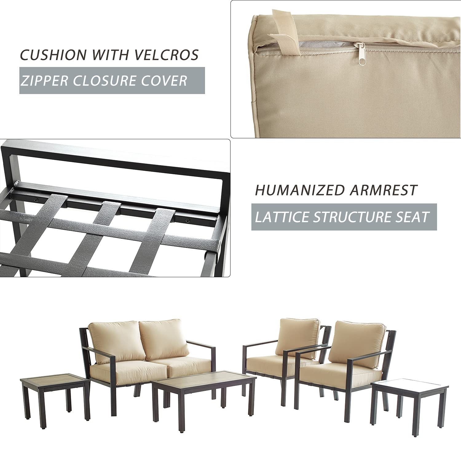 Festival Depot Outdoor Furniture Patio Conversation Sets Loveseat Armchair, All-Weather Black X Slatted Backrest Chairs with Coffee Side Table and Thick Soft Removable Couch Cushions