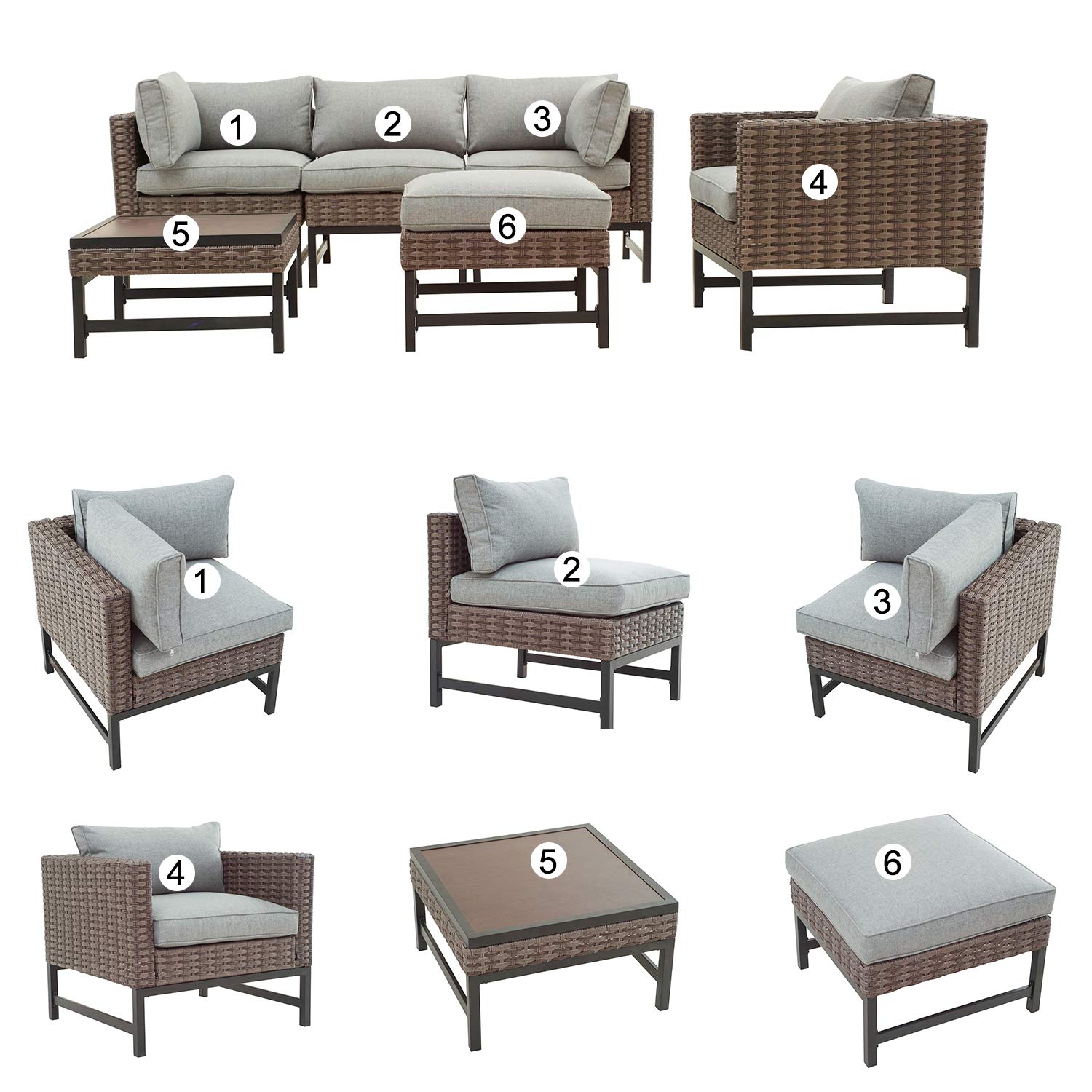 Festival Depot 6pc Patio Conversation Set Sectional Corner Sofa Set Outdoor All-Weather Wicker Metal Chairs with Seating Back Cushions Side Coffee Table Ottoman Garden Poolside,Gray