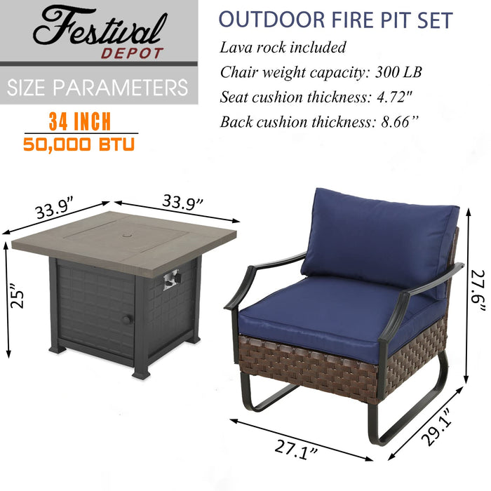 Festival Depot Fire Pit Table Set of Propane Fire Table and 4 Wicker Chairs with Thick Cushions for Patio Rattan Outdoor Furniture, CSA Certification, blue