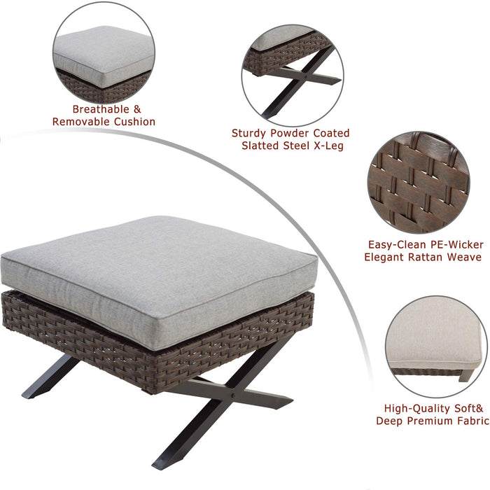 Festival Depot Wicker Patio Ottoman Metal Footstool with Thick Cushion and X Shaped Steel Legs Foot Rest Outdoor Furniture for Garden Yard Lawn All-Weather 