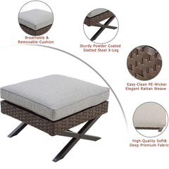 Festival Depot Wicker Patio Ottoman Metal Footstool with Thick Cushion and X Shaped Steel Legs Foot Rest Outdoor Furniture for Garden Yard Lawn All-Weather