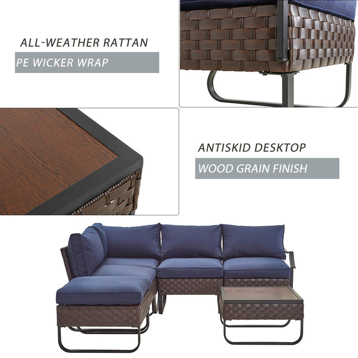 Festival Depot 6 Pieces Patio Outdoor Furniture Conversation Sets Chairs Sectional Corner Sofa, All-Weather Wicker Back Chair with Coffee Square Table and Thick Soft Removable Couch Cushions (Blue) 