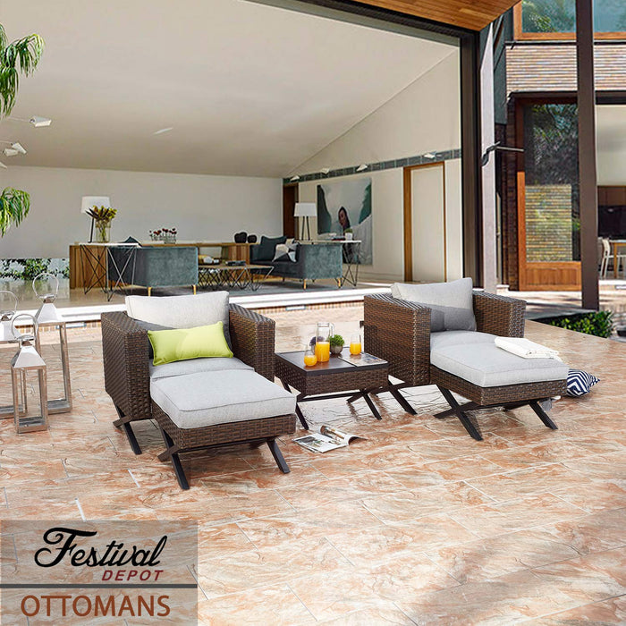 Festival Depot Wicker Patio Ottoman Metal Footstool with Thick Cushion and X Shaped Steel Legs Foot Rest Outdoor Furniture for Garden Yard Lawn All-Weather 