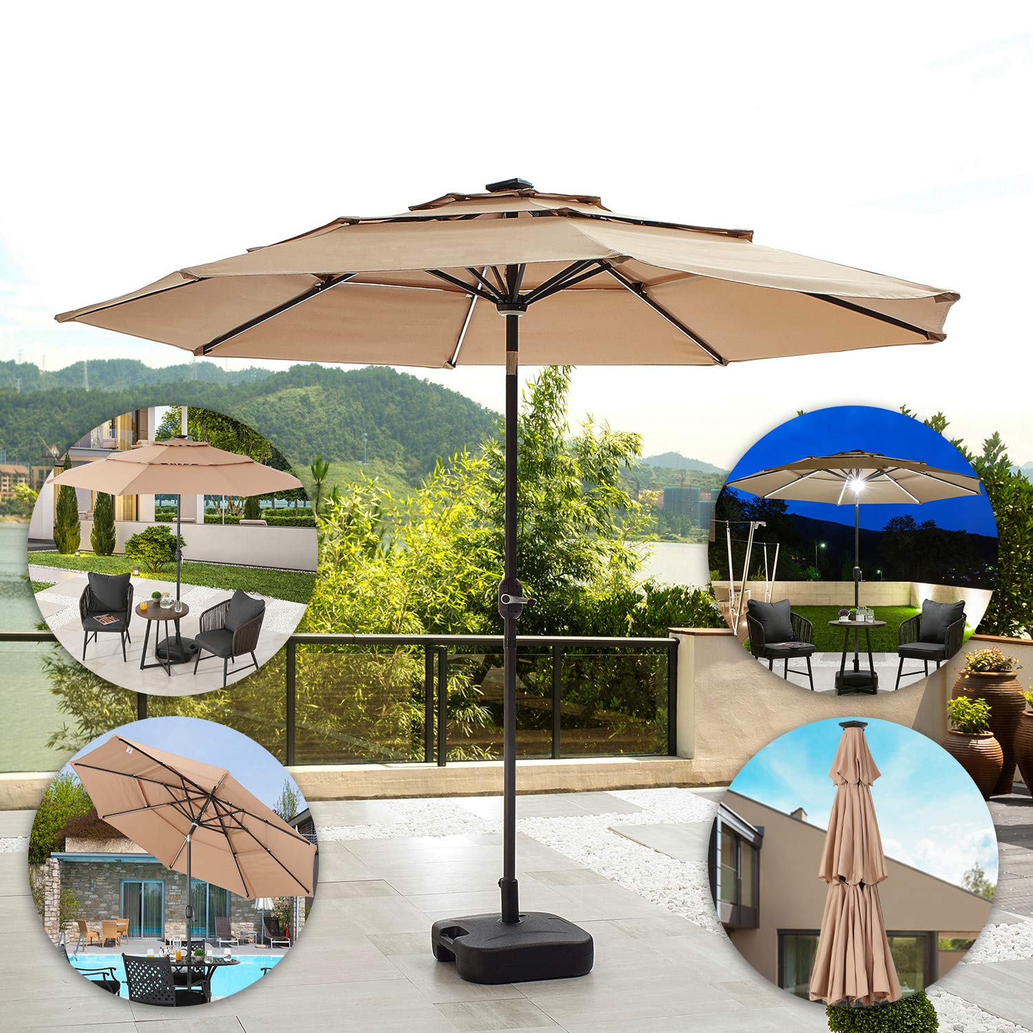 Festival Depot 9.8ft Outdoor Patio 3 Tiers Ventilation Market Aluminum Umbrella Button Tilt Easy Crank Center Light 8 Solar Powered LED Lights Bars All-Weather