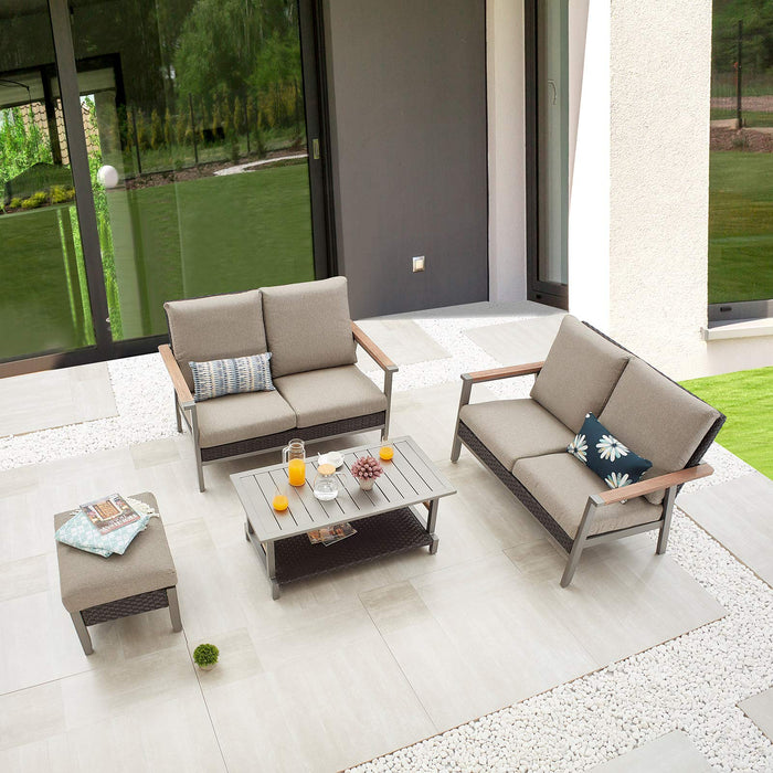 Festival Depot 4pcs Patio Conversation Set Wicker Chair All Weather Rattan Loveseat with Grey Thick Cushions Ottoman and Coffee Table in Metal Frame Outdoor Furniture for Deck Poolside 