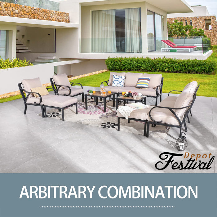 Festival Depot 12 Pieces Patio Conversation Set Sectional Sofa Armchair Ottoman with Thick Cushions and Side Coffee Table All Weather Metal Outdoor Furniture for Deck Garden, Beige 