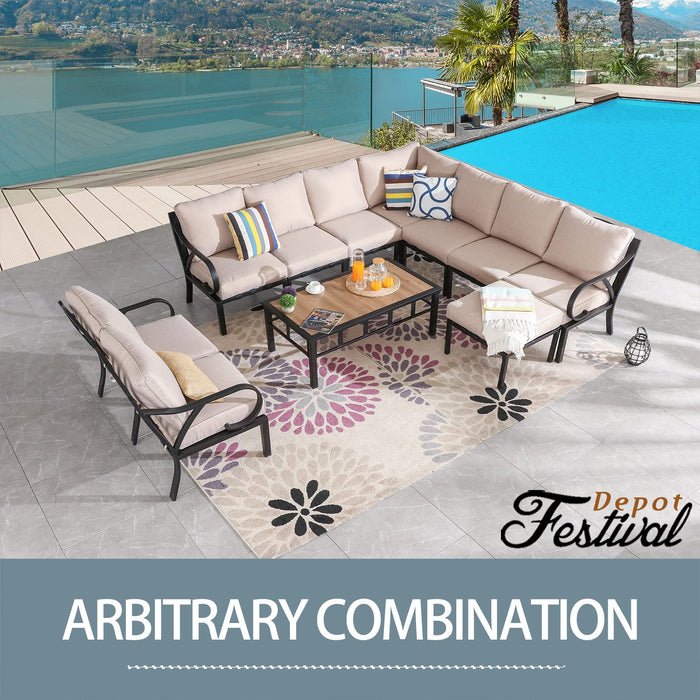 Festival Depot 11 Pieces Patio Conversation Set Sectional Sofa Corner Armchair Ottoman with Thick Cushions and Coffee Table All Weather Metal Outdoor Furniture for Deck Garden, Beige 