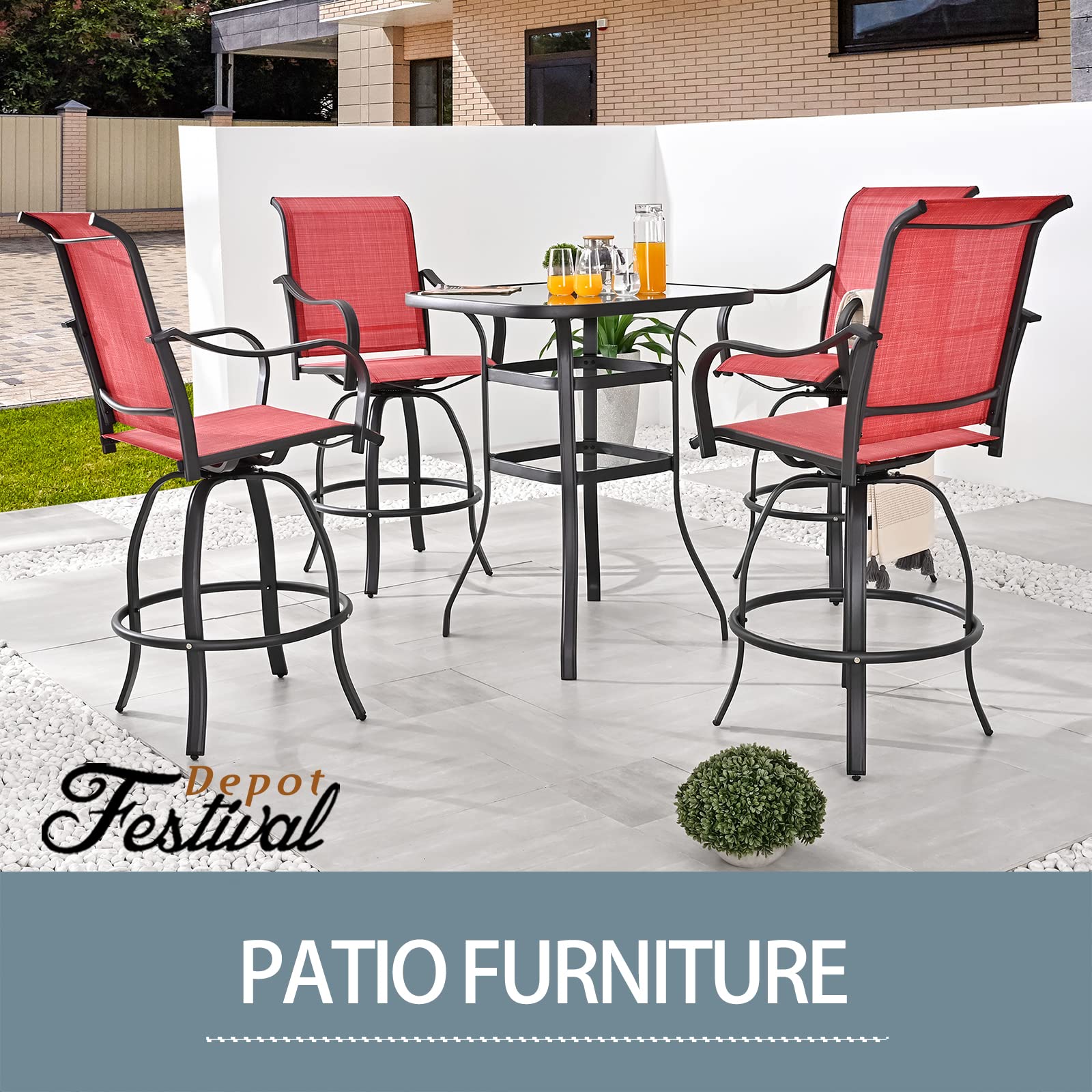 Festival Depot 5 pcs Bar Bistro Patio Outdoor Dining Furniture Sets High Stools 360° Swivel Chair with Slatted Steel Curved Armrest Coffee Table Tempered Glass Desktop (4 Chairs,1 Table)