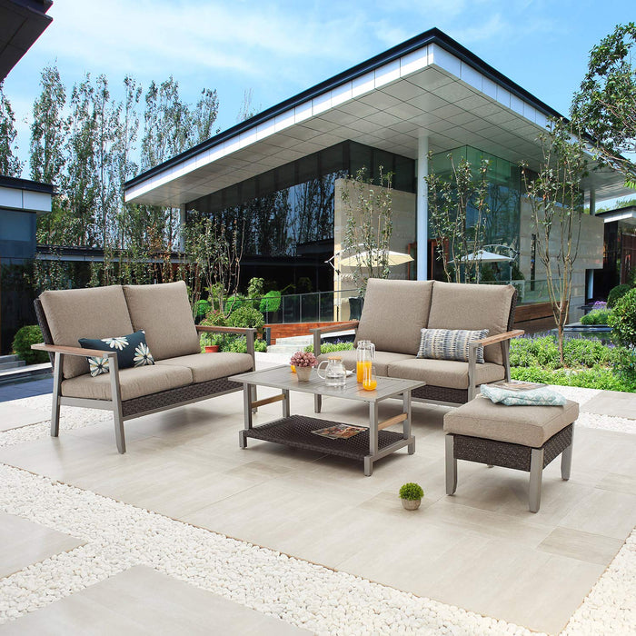 Festival Depot 4pcs Patio Conversation Set Wicker Chair All Weather Rattan Loveseat with Grey Thick Cushions Ottoman and Coffee Table in Metal Frame Outdoor Furniture for Deck Poolside 