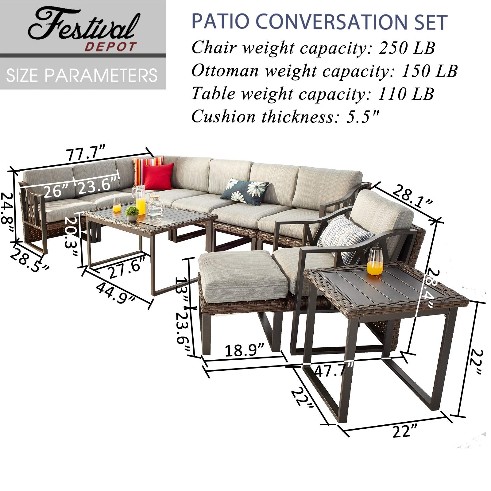 Festival Depot 11Pc Outdoor Furniture Patio Conversation Set Sectional Corner Sofa Chairs All Weather Wicker Ottoman Metal Frame Slatted Coffee Table with Thick Grey Seat Back Cushions Without Pillows