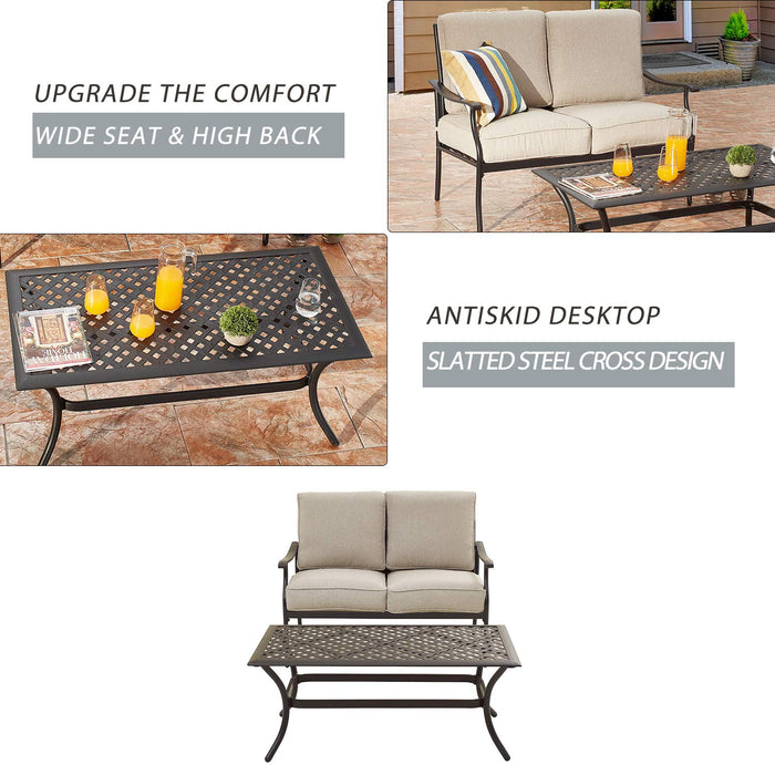 Festival Depot 2Pcs Patio Loveseat Set with Thick Cushions and Coffee Table Outdoor Metal Frame Seating Bench for Garden Bistro, Beige 
