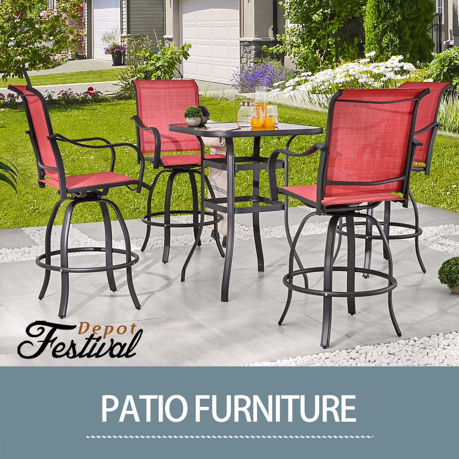 Festival Depot 5 pcs Bar Bistro Patio Outdoor Dining Furniture Sets High Stools 360° Swivel Chair with Slatted Steel Curved Armrest Coffee Table Tempered Glass Desktop (4 Chairs,1 Table)