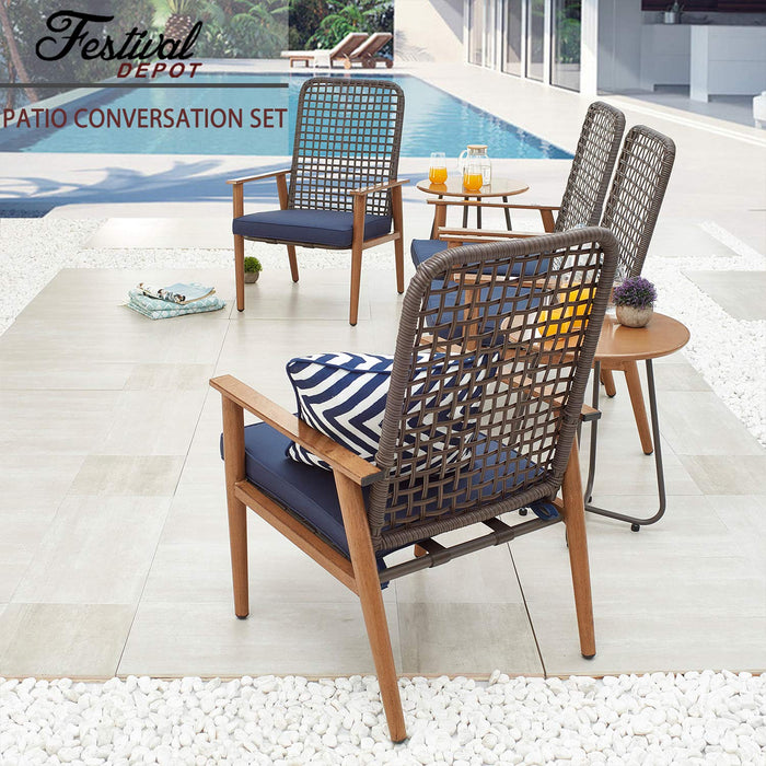 Festival Depot 6 Pieces Patio Outdoor Furniture Conversation Set with Metal Side Coffee Side Table Wooden-Color Steel Wicker Weaving Mesh Back Armchair with Cushions (Blue) 
