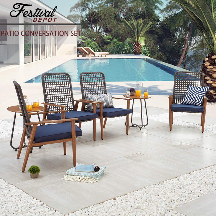 Festival Depot 6 Pieces Patio Outdoor Furniture Conversation Set with Metal Side Coffee Side Table Wooden-Color Steel Wicker Weaving Mesh Back Armchair with Cushions (Blue) 