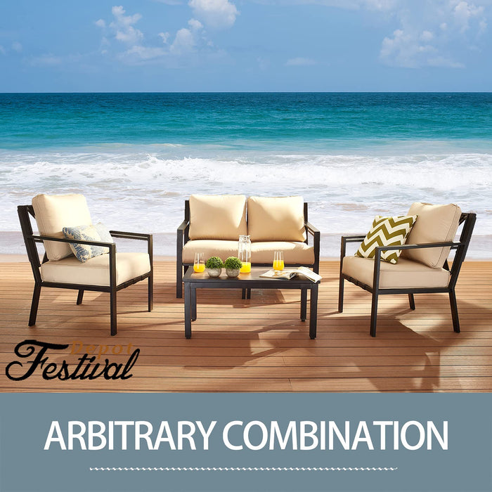 Festival Depot 3 Piece Patio Furniture Set All-Weather Polyester Fabrics Metal Frame Sofa Outdoor Conversation Set Sectional Armrest Chair Couch with Cushion & Coffee Table for Deck Poolside (Beige) 