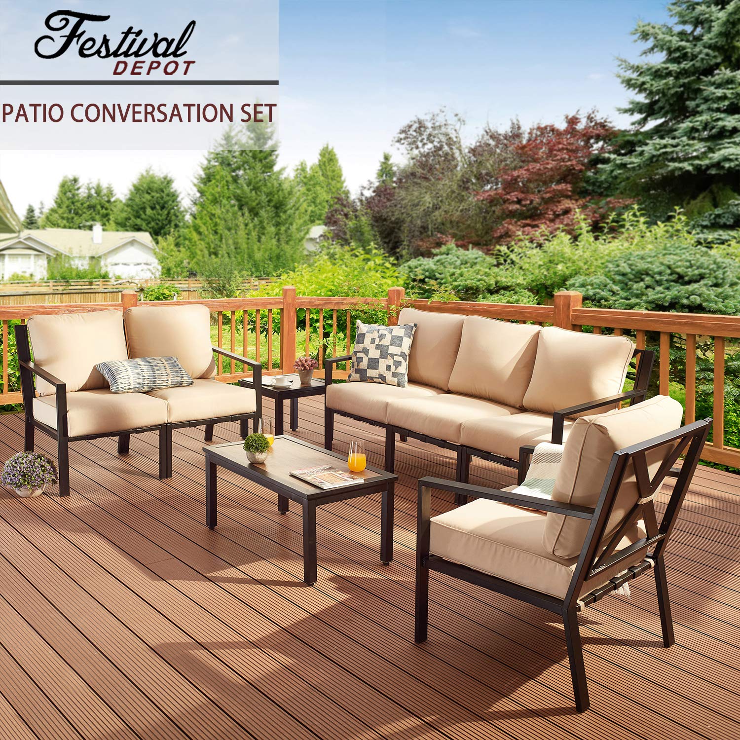 Festival Depot Outdoor Furniture Patio Conversation Sets Loveseat Armchair, All-Weather Black X Slatted Backrest Chairs with Coffee Side Table and Thick Soft Removable Couch Cushions