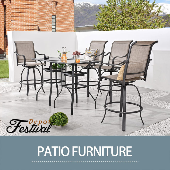 Stylish Outdoor Bar Set with 360° Swivel Textilene Chairs & Tempered Glass Table