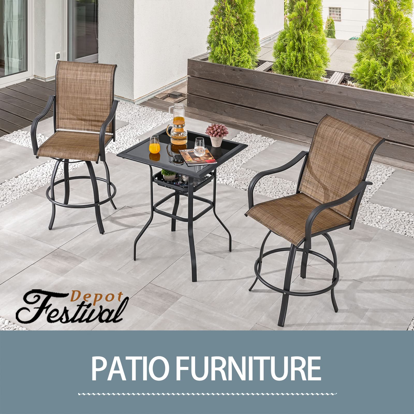 Festival Depot 3 Pcs Patio Bistro Bar Set High Stools Outdoor Furniture with 360° Swivel Armrest Chairs, Coffee Table with Tempered Glass Desktop, Metal Frame for Deck Poolside Garden Porch