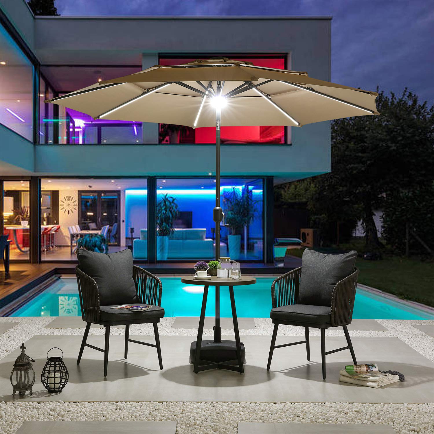 Festival Depot 9.8ft Outdoor Patio 3 Tiers Ventilation Market Aluminum Umbrella Button Tilt Easy Crank Center Light 8 Solar Powered LED Lights Bars All-Weather