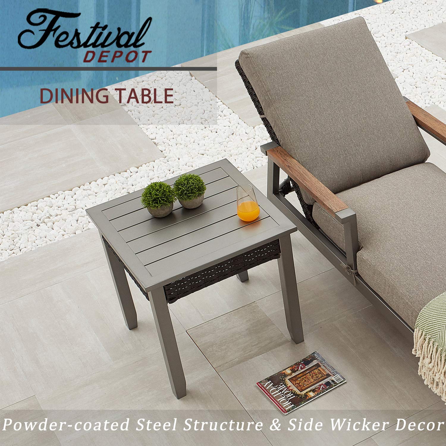 Festival Depot Patio Side Table Square Bistro Table in Metal Frame with Rattan Wicker Outdoor Furniture for Porch Deck Grey (22.5"x22.5"x21.9"H)