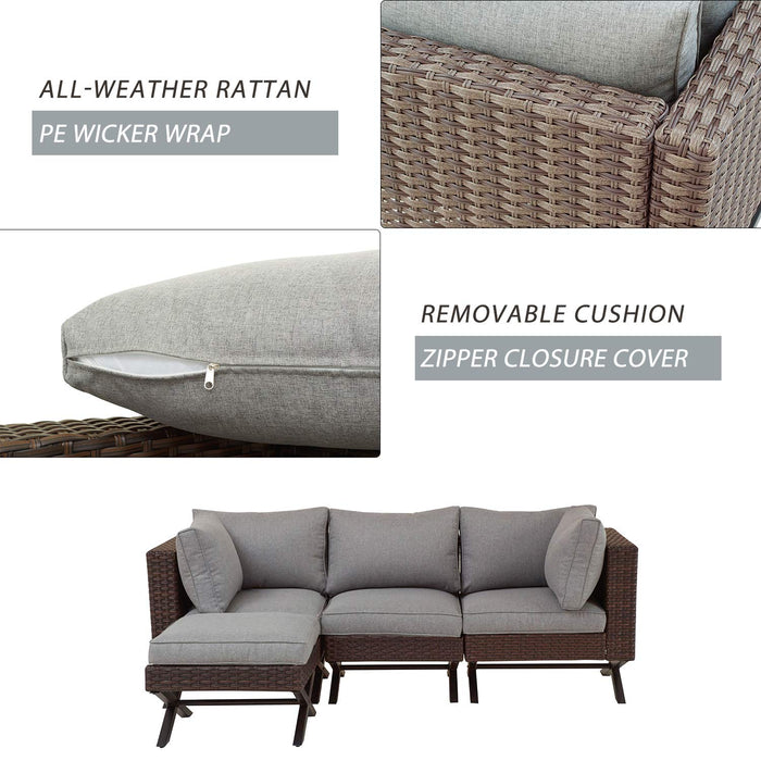 Festival Depot 4-Piece Patio Conversation Set Sectional Corner Sofa Combination X-Shaped Legs Outdoor All-Weather Wicker Metal Armless Chairs for Porch Lawn Garden Balcony Pool Backyard, Brown 