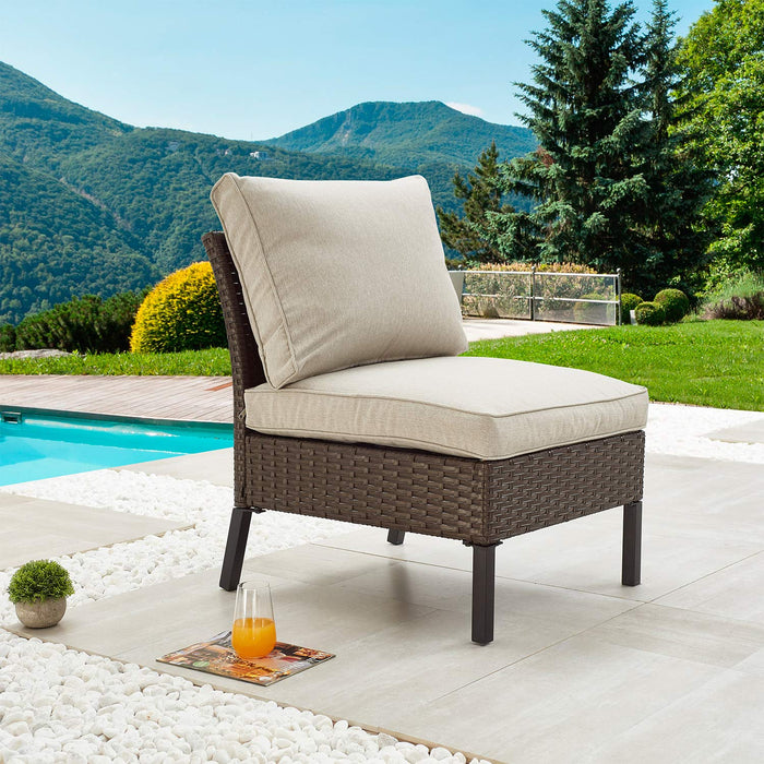 Festival Depot Outdoor Patio Non-Armrest Sofa Armless Chair with Cushions and Metal Frame Wicker Rattan Furniture for Garden Backyard Pool