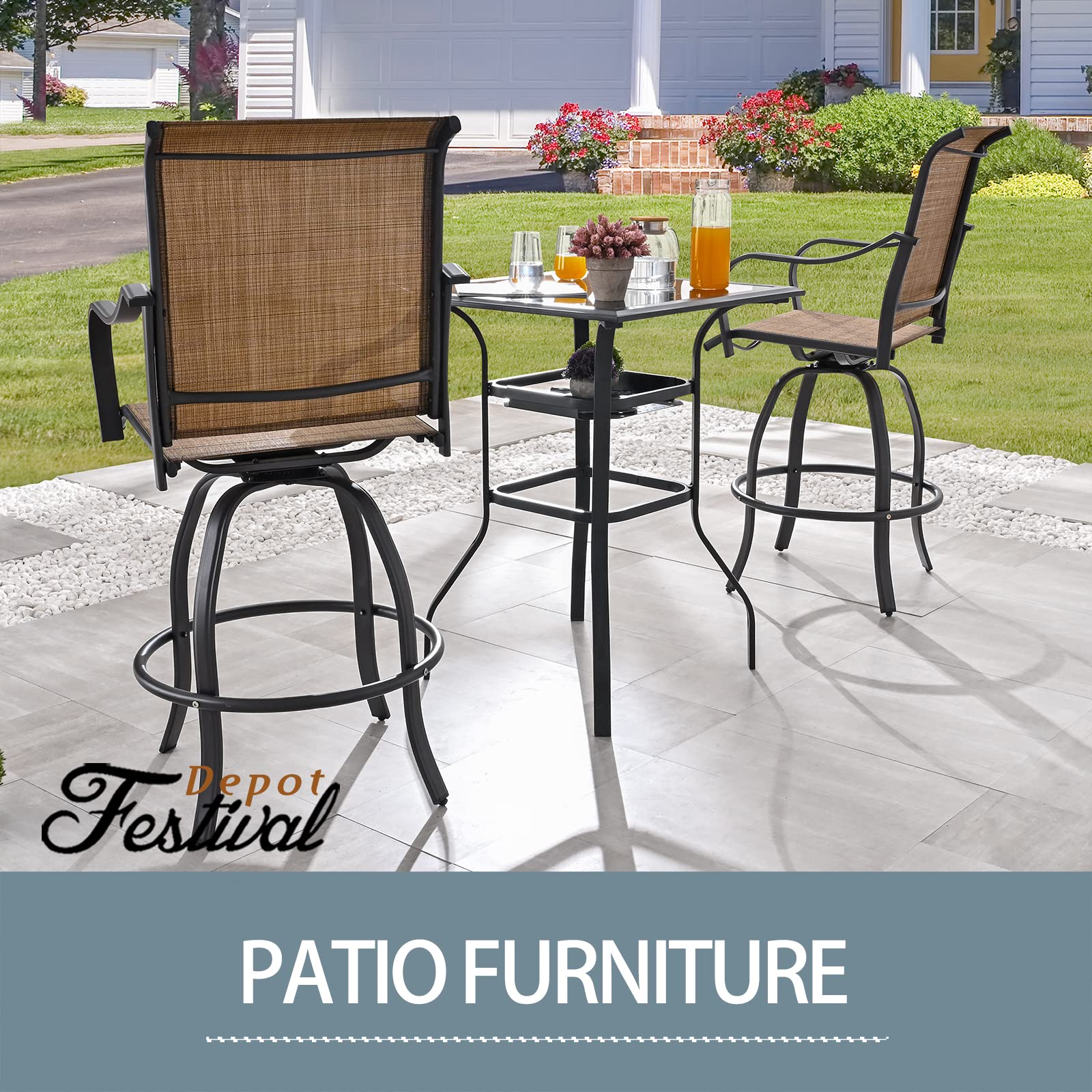 Festival Depot 3 Pcs Patio Bistro Bar Set High Stools Outdoor Furniture with 360° Swivel Armrest Chairs, Coffee Table with Tempered Glass Desktop, Metal Frame for Deck Poolside Garden Porch