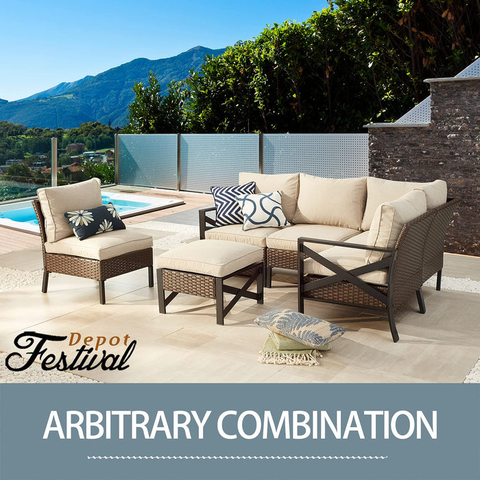 Festival Depot 5 Pieces Patio Furniture Set All-Weather Rattan Wicker Metal Frame Sofa Chair Outdoor Conversation Set Sectional Corner Couch with Cushions, Ottoman and Coffee Table for Deck Poolside 