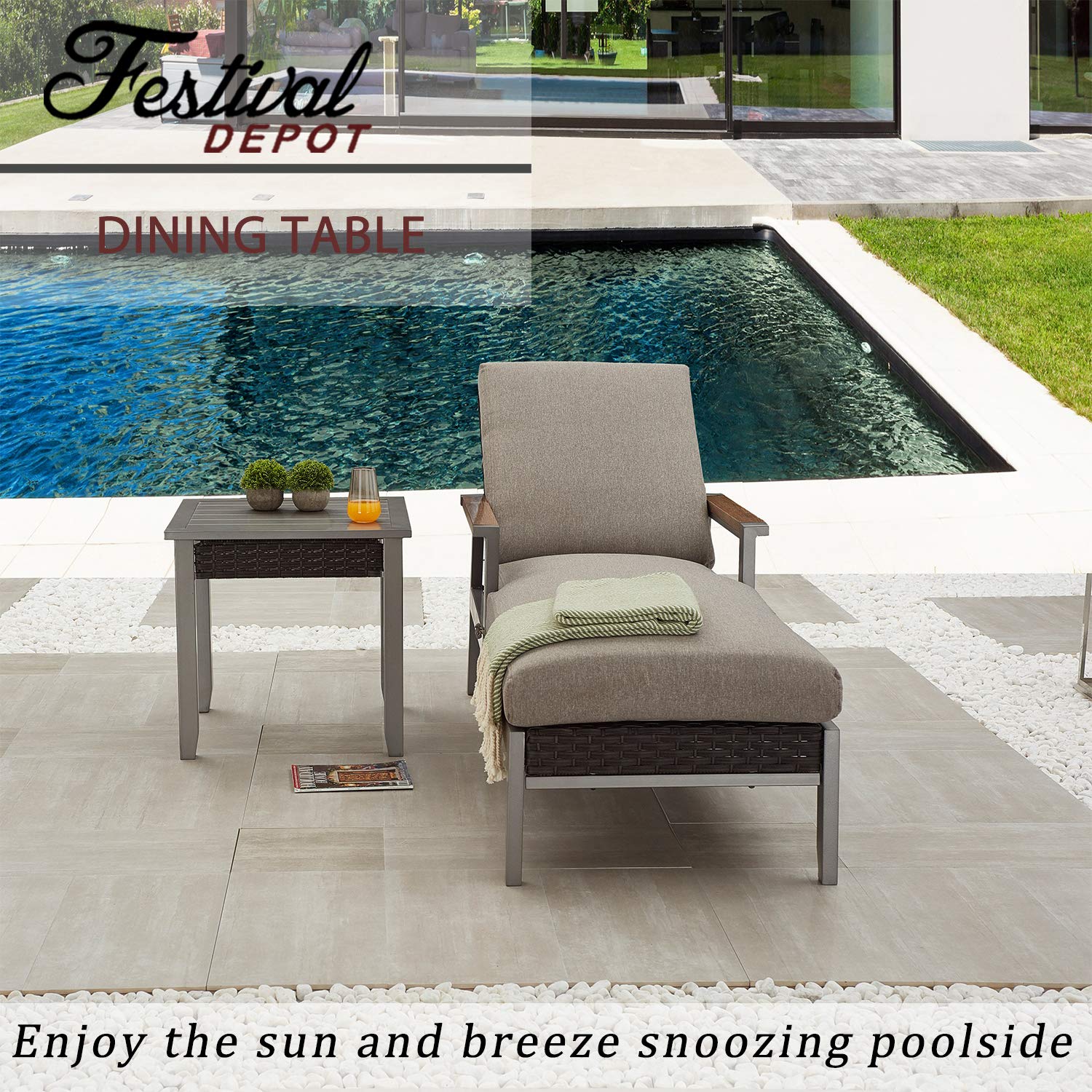 Festival Depot Patio Side Table Square Bistro Table in Metal Frame with Rattan Wicker Outdoor Furniture for Porch Deck Grey (22.5"x22.5"x21.9"H)