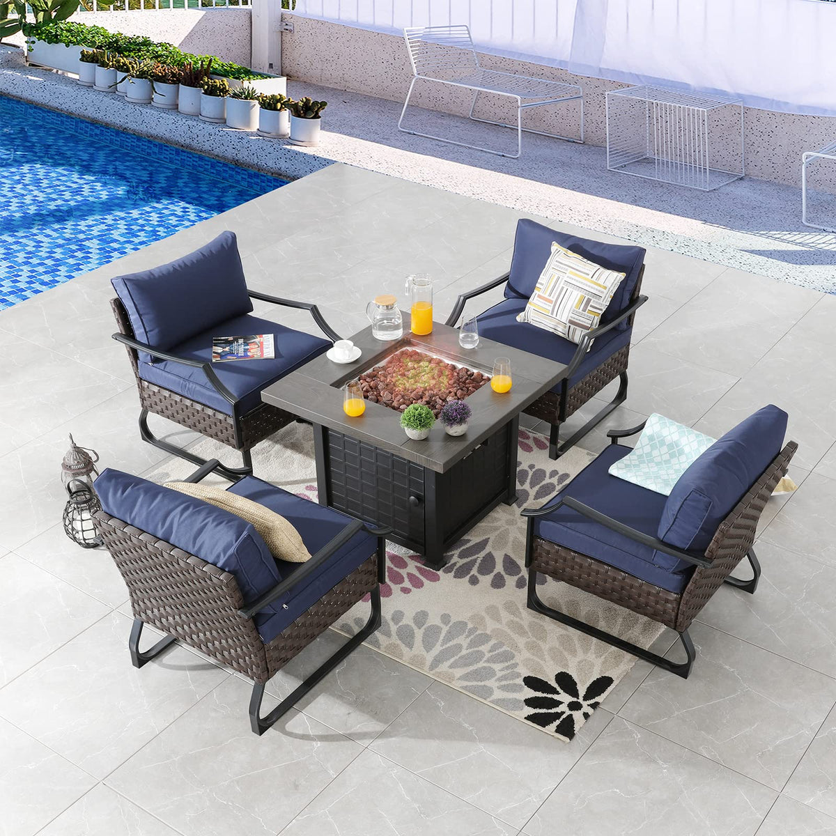 Festival Depot Fire Pit Table Set of Propane Fire Table and 4 Wicker Chairs with Thick Cushions for Patio Rattan Outdoor Furniture, CSA Certification, blue
