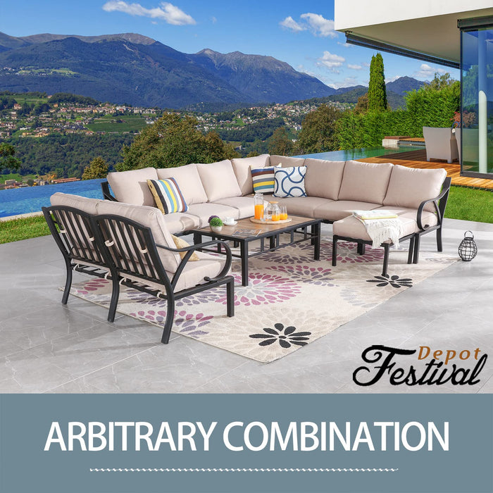 Festival Depot 11 Pieces Patio Conversation Set Sectional Sofa Corner Armchair Ottoman with Thick Cushions and Coffee Table All Weather Metal Outdoor Furniture for Deck Garden, Beige 