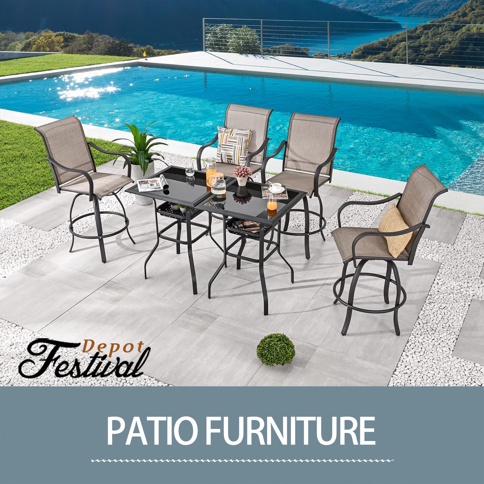 Festival Depot 3 Pcs Patio Bistro Bar Set High Stools Outdoor Furniture with 360° Swivel Armrest Chairs, Coffee Table with Tempered Glass Desktop, Metal Frame for Deck Poolside Garden Porch