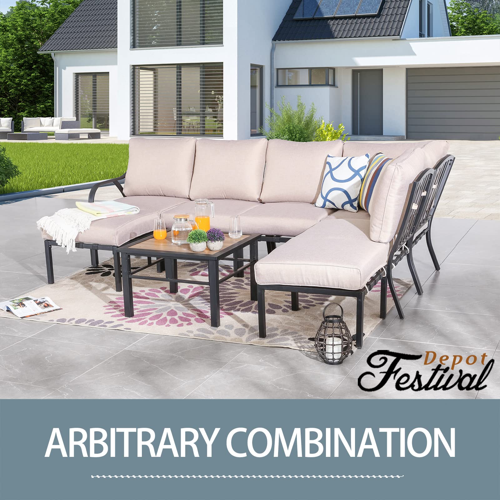 Festival Depot 8 Pieces Patio Conversation Set Sectional Sofa Corner Armchair Ottoman with Thick Cushions and Side Coffee Table All Weather Metal Outdoor Furniture for Deck Garden, Beige