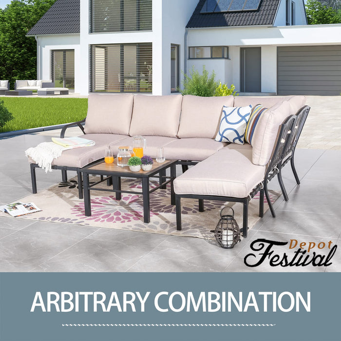 Festival Depot 8 Pieces Patio Conversation Set Sectional Sofa Corner Armchair Ottoman with Thick Cushions and Side Coffee Table All Weather Metal Outdoor Furniture for Deck Garden, Beige 