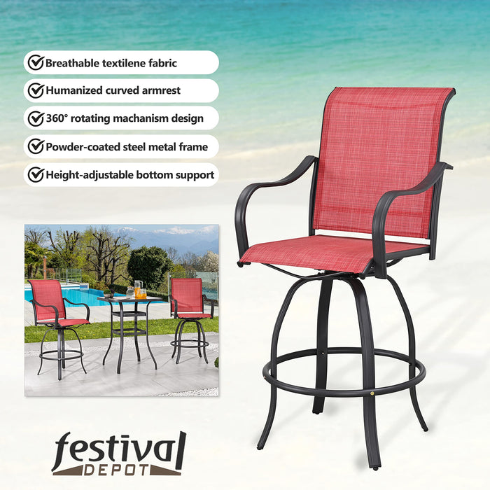 Festival Depot 5 pcs Bar Bistro Patio Outdoor Dining Furniture Sets High Stools 360° Swivel Chair with Slatted Steel Curved Armrest Coffee Table Tempered Glass Desktop (4 Chairs,1 Table) 