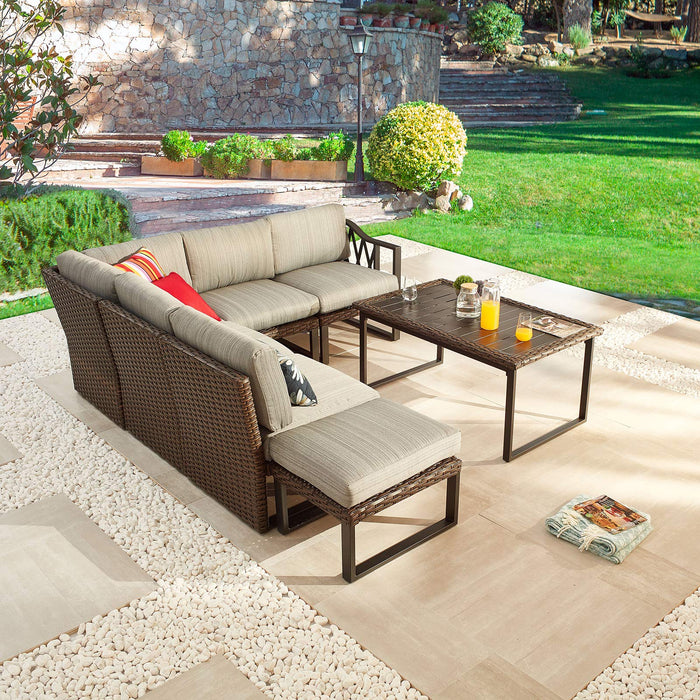 Festival Depot 7pcs Outdoor Furniture Patio Conversation Set Sectional Corner Sofa Chairs All Weather Brown Rattan Wicker Ottoman Slatted Coffee Table with Thick Seat Back Cushions (Grey) 