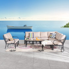 Festival Depot 11 Pieces Patio Conversation Set Sectional Sofa Corner Armchair Ottoman with Thick Cushions and Coffee Table All Weather Metal Outdoor Furniture for Deck Garden, Beige