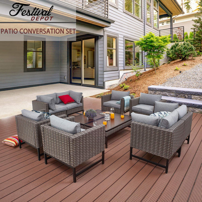 Festival Depot 10 Pieces Outdoor Furniture Patio Conversation Set Combination Sectional Sofa Loveseat All-Weather Woven Wicker Metal Armchairs with Seating Back Cushions Side Coffee Table Ottoman,Gray 