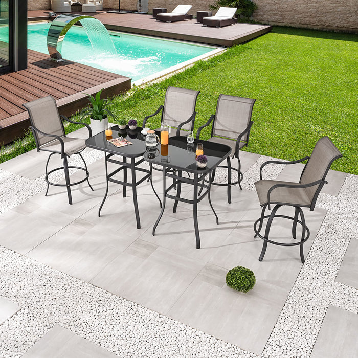 Festival Depot 6-Piece Bar Bistro Patio Outdoor Dining Furniture Sets High Stools 360° Swivel Chairs with Slatted Steel Curved Armrest Square Coffee Side Table Tempered Glass Desktop 