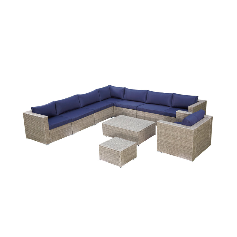 10 Piece Patio Wicker Furniture Set Conversation Chairs Sectional Rattan Sofa with Coffee Table, Ottoman and Cushion, Beige,Blue