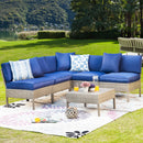 6 Pieces All-Weather Rattan Patio Sectional Sofa Set Wicker Outdoor Furniture with 3 Pillows Coffee Table, Blue, Beige