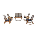 8 Piece Outdoor Wicker Conversation Set with Loveseat Wood Round Table Rocking Dining Chair Patio Steel Frame Furniture with Seat Cushions, 8 pcs, Blue, Beige