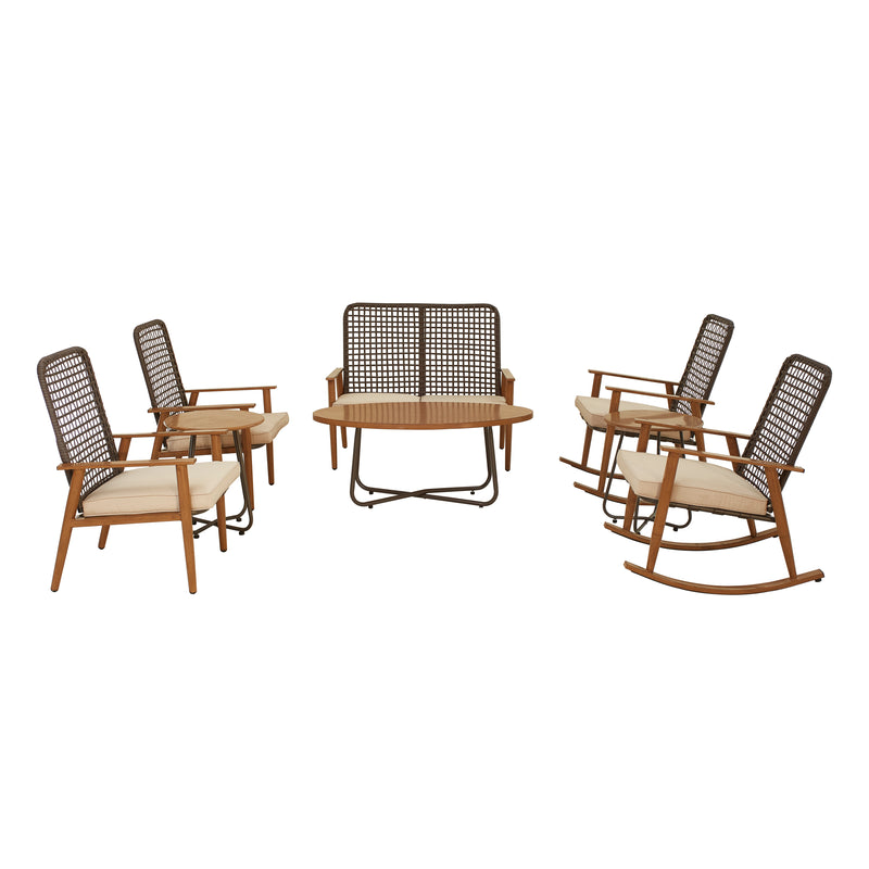 8 Piece Outdoor Wicker Conversation Set with Loveseat Wood Round Table Rocking Dining Chair Patio Steel Frame Furniture with Seat Cushions, 8 pcs, Blue, Beige