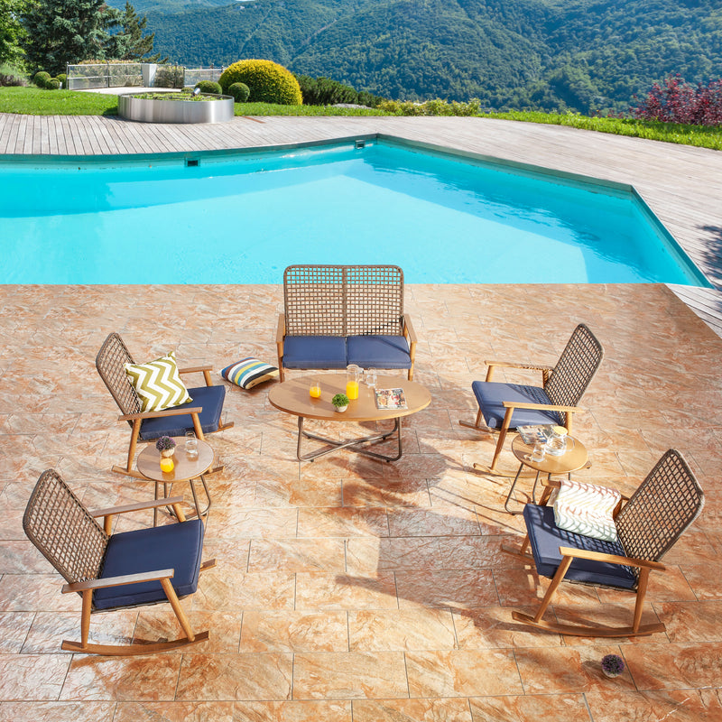 8-Pieces Outdoor Wicker Conversation Set with Loveseat Wood Round Table Rocking Dining Chair Patio Steel Frame Furniture with Seat Cushions, Blue, Beige
